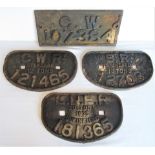 4 x cast iron Wagon Plates . D Plate GWR 12T 121465. D Plate LNER 20T 181365. D Plate SR 13T 12703