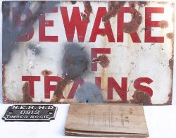 Enamel BEWARE OF TRAINS Notice. Measures 30in x 18in together with a NER HD 0912 Timber Bogie