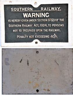 Southern Railway cast iron notice. WARNING ACT 1924 NOT TO TRESPASS UPON THE RAILWAY. Restored