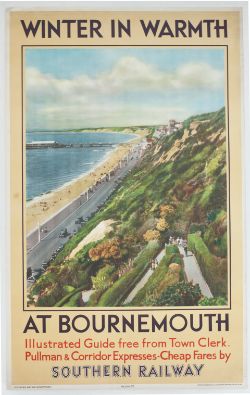 Poster Southern Railway WINTER IN WARMTH AT BOURNEMOUTH, anon, issued in 1933. Double Royal 25in x