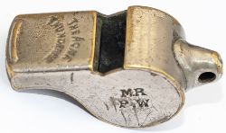 Metropolitan Railway nickel plated brass whistle stamped on the sides M.R P.W and numbered 10198