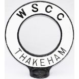 Road sign WSCC THAKEHAM. From the top of a road finger post sign. The village is in West Sussex 12