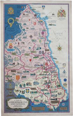 Poster BR(NE) A MAP OF NORTHUMBERLAND AND DURHAM by Lance Cattermole 1949. Double Royal 25in x 40in.