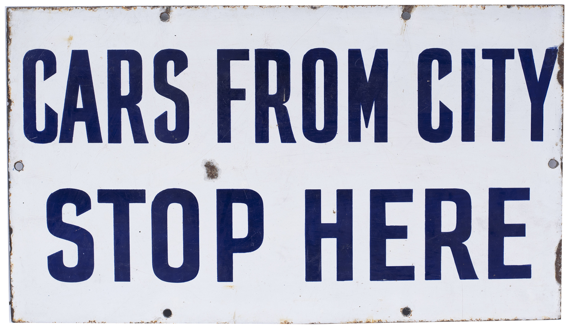 Tram enamel sign CARS FROM THE CITY STOP HERE. In very good condition with minor chipping,