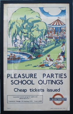 Poster LT PLEASURE PARTIES SCHOOL OUTINGS by J. Arnrid issued in 1934. Double Royal 25in x 40in. The