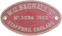 Worksplate W. G. BAGNALL LTD ENGINEERS STAFFORD ENGLAND No 3024 1953 ex 0-4-4-0T named MONARCH
