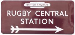BR(M) FF enamel station direction sign RUGBY CENTRAL STATION with right facing arrow and British