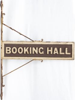 Great Western Railway station platform sign BOOKING HALL, double sided wood with cast iron letters