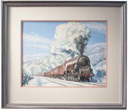 Original painting LMS CORONATION PACIFIC 4-6-2 DUCHESS OF ATHOLL 6231 on an express in snow by