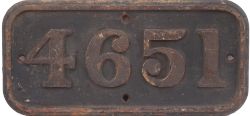 GWR cast iron cabside numberplate 4651 ex Collett 0-6-0PT built at Swindon in 1943. Allocated to