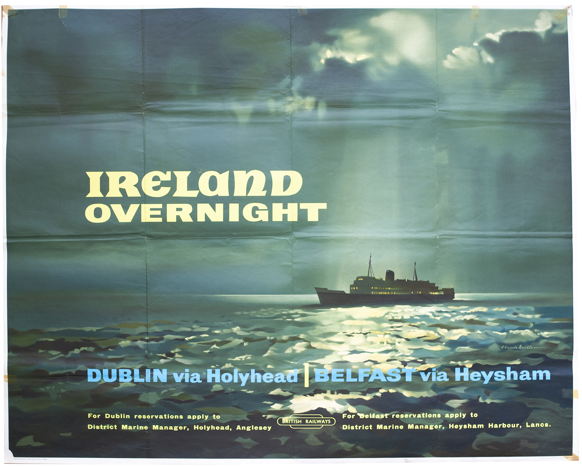 Poster BR(M) IRELAND OVERNIGHT DUBLIN VIA HOLYHEAD BELFAST VIA HEYSHAM by Claude Buckle. Quad