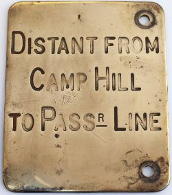 Midland Railway brass signal lever description plate DISTANT FROM CAMP HILL TO PASSR LINE. In