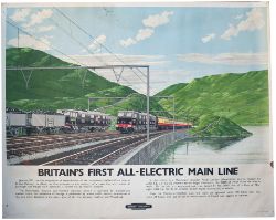 Poster BR(M) BRITAINS FIRST ALL ELECTRIC MAIN LINE by Vic Welch. A view of the Woodhead Line between