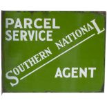 Bus motoring enamel sign SOUTHERN NATIONAL PARCEL SERVICE AGENT. Double sided with wall mounting