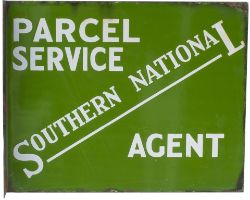 Bus motoring enamel sign SOUTHERN NATIONAL PARCEL SERVICE AGENT. Double sided with wall mounting