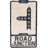 Road sign ROAD JUNCTION. Cast aluminium with glass fruit gum reflectors and makers name cast at