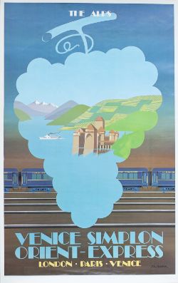 Poster VENICE SIMPLON ORIENT EXPRESS THE ALPS by Fix Masseau 1979. Double Royal 25in x 40in. In
