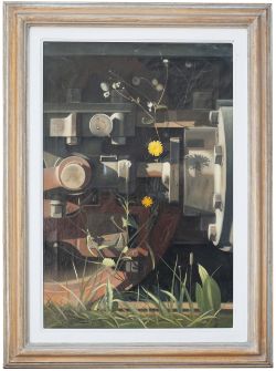 Original oil painting on canvas of A STEAM LOCOMOTIVE VALVE GEAR AND SOW THISTLE by Eric