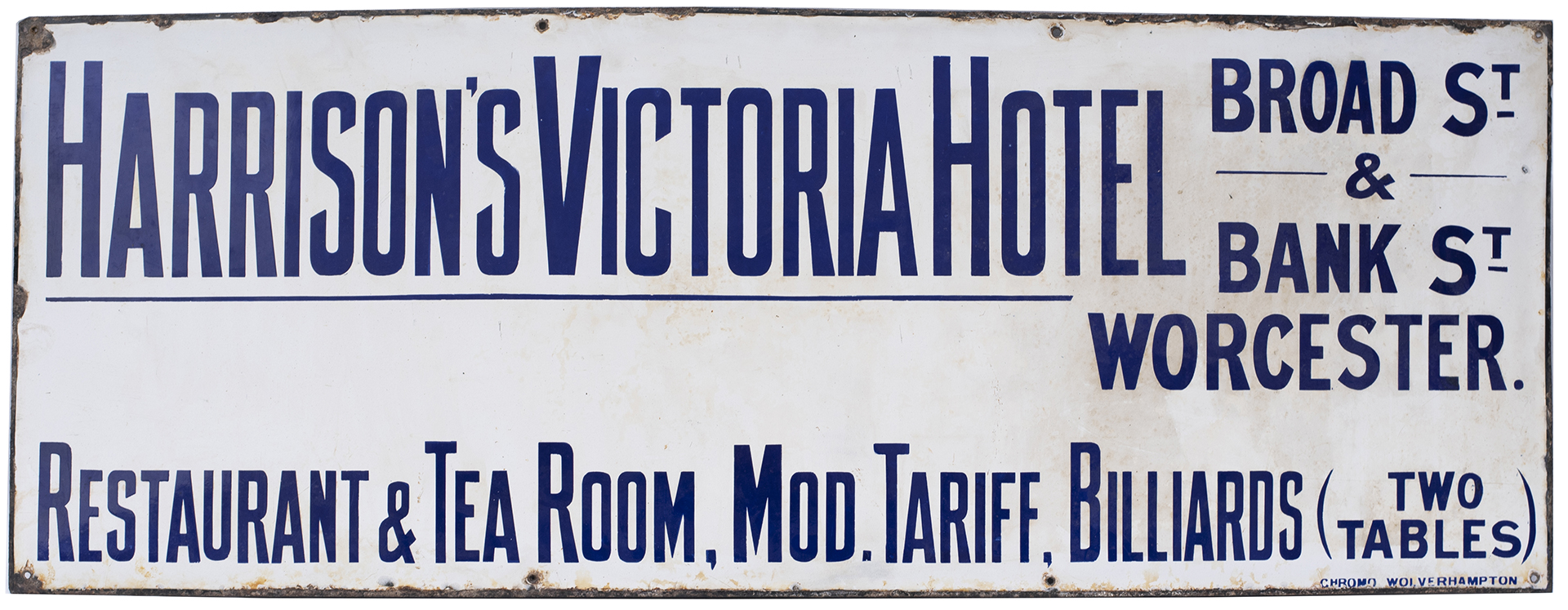 Advertising enamel sign HARRISON'S VICTORIA HOTEL BROAD ST & BANK ST WORCESTER. RESTAURANT & TEA