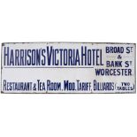 Advertising enamel sign HARRISON'S VICTORIA HOTEL BROAD ST & BANK ST WORCESTER. RESTAURANT & TEA