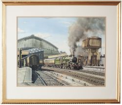 Original painting GWR CASTLE 4-6-0 AT BRISTOL TEMPLE MEADS by George Heiron. Gouache on board with
