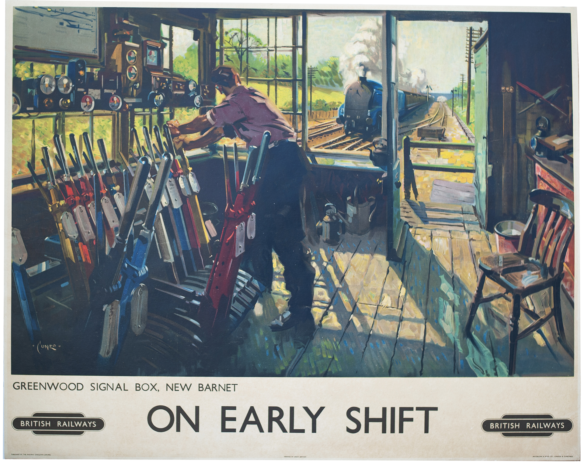 Poster BR ON EARLY SHIFT GREENWOOD SIGNAL BOX NEW BARNET by Terence Cuneo. The poster has been