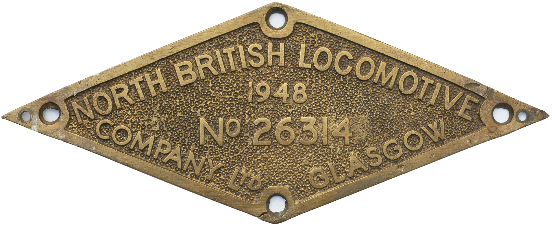Worksplate NORTH BRITISH LOCOMOTIVE COMPANY LTD GLASGOW No 26314 1948 ex South African Railway class