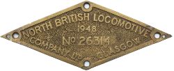 Worksplate NORTH BRITISH LOCOMOTIVE COMPANY LTD GLASGOW No 26314 1948 ex South African Railway class