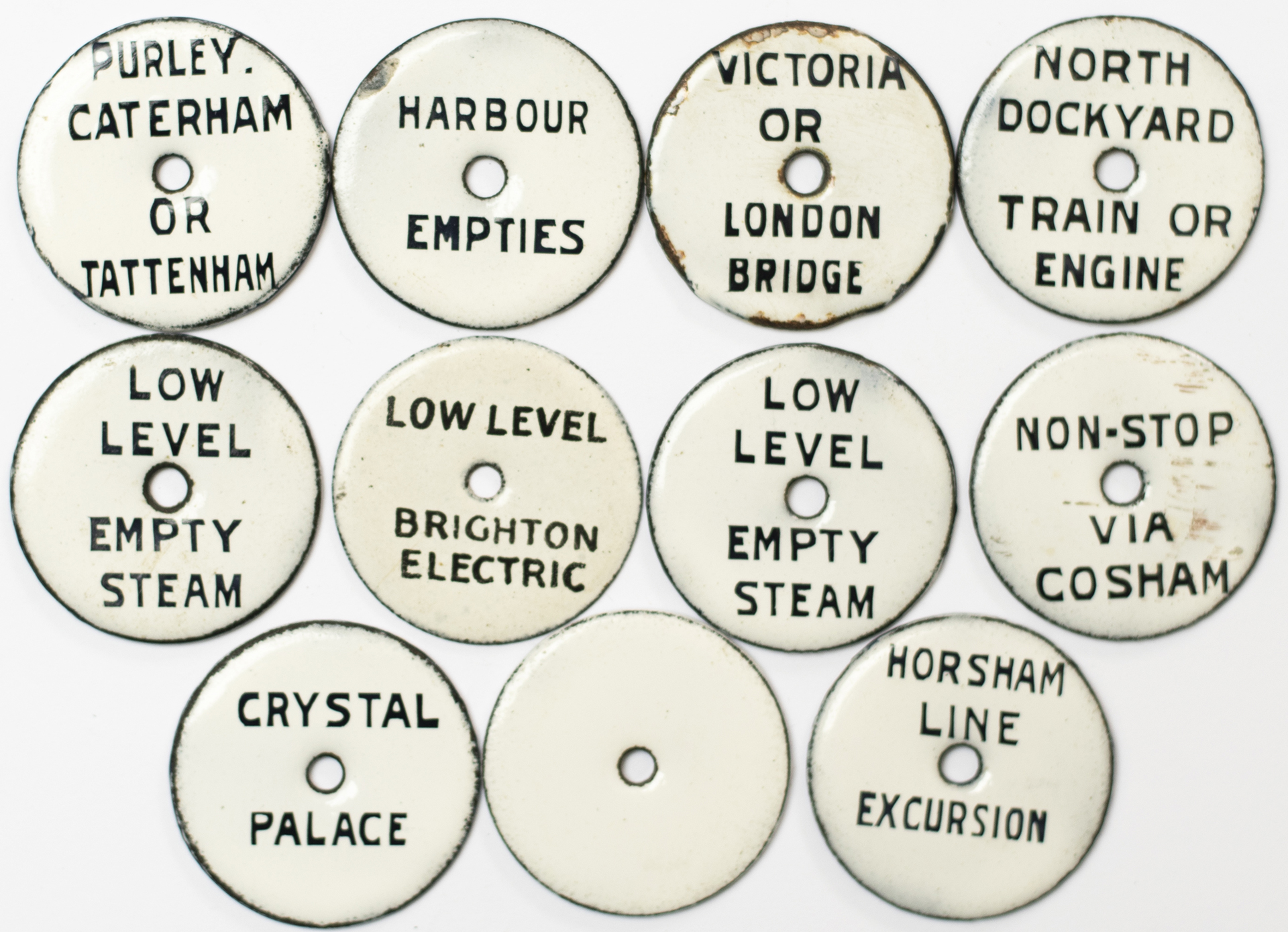 LB&SCR circular enamel Train Describer Plates x 11; VICTORIA OR LONDON BRIDGE, CRYSTAL PALACE, NON