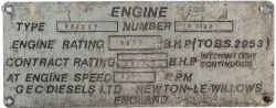 Engine number plate TYPE 12RKCT NUMBER 1H 9128 GEC DIESELS LTD NEWTON-LE-WILLOWS ENGLAND. Ex British