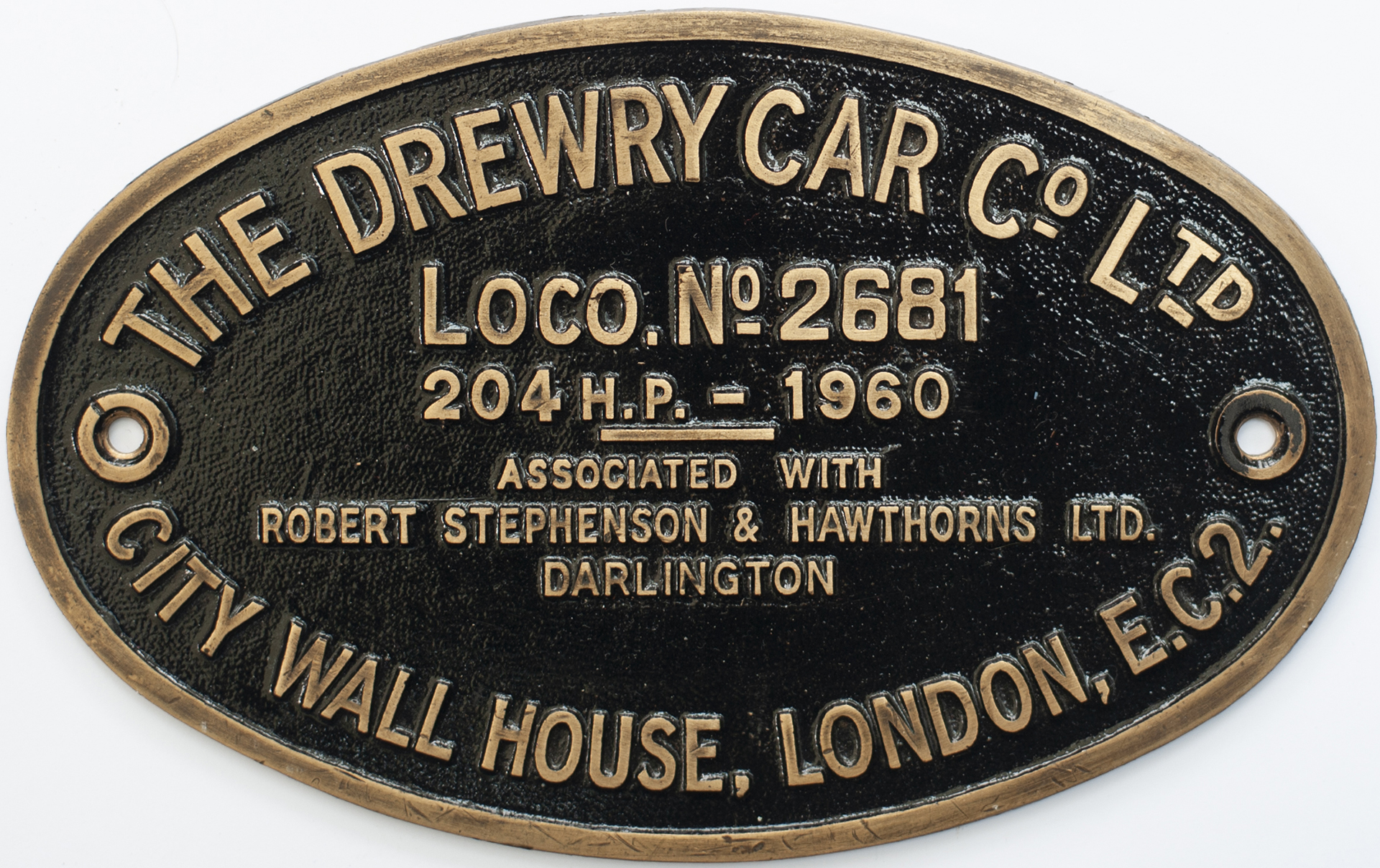 Worksplate THE DREWRY CAR CO LTD CITY WALL HOUSE LONDON EC2 ASSOCIATED WITH ROBERT STEPHENSON &