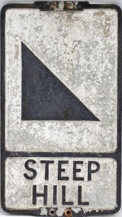 Road sign STEEP HILL measuring 21in x 12in. Cast aluminium in as removed condition with makers