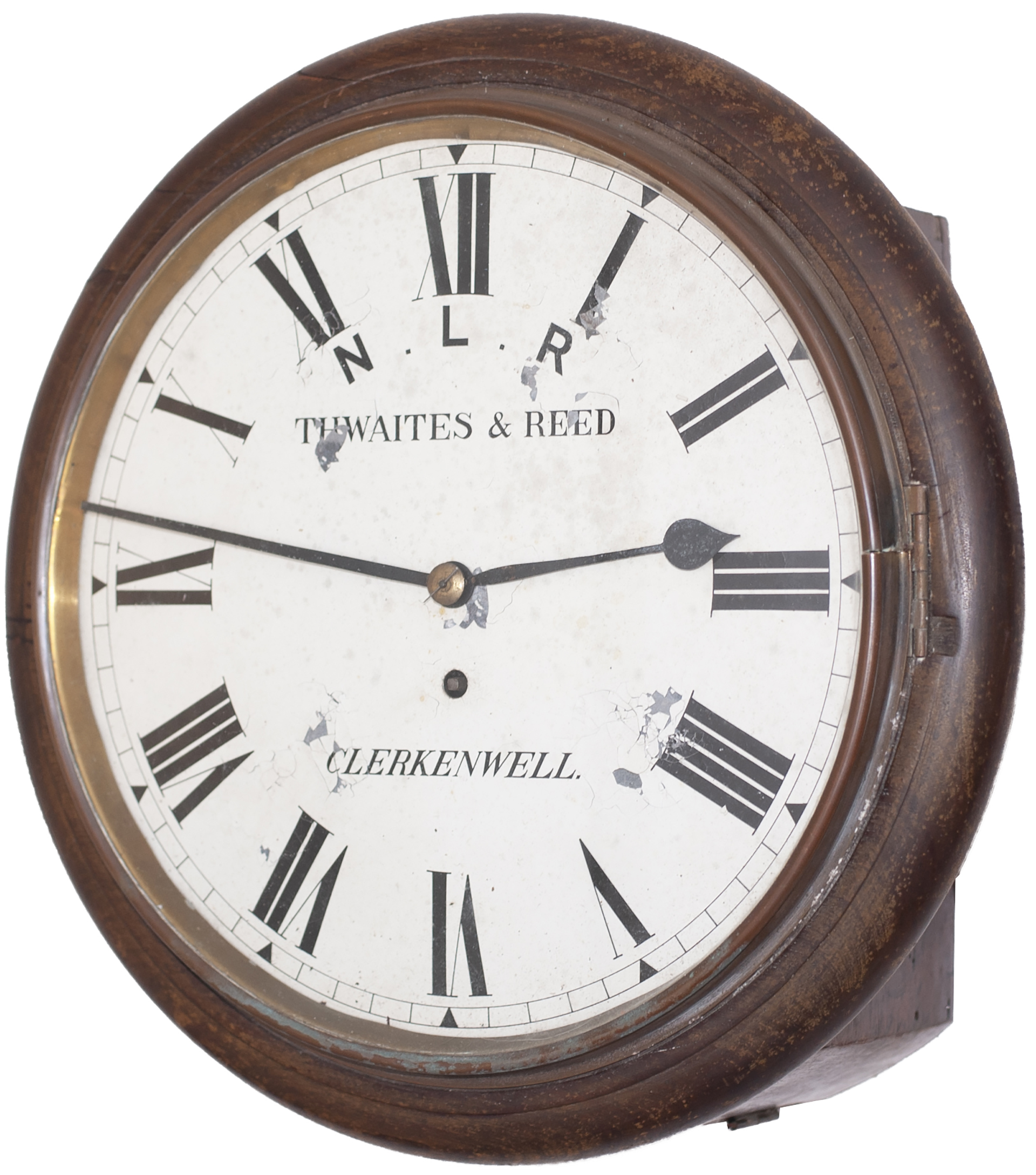North London Railway 12in dial mahogany cased railway clock with supplied by Thwaites & Reed of