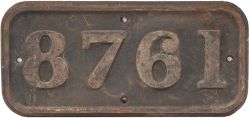 GWR cast iron cabside numberplate 8761 ex Collett 0-6-0 PT built at Swindon in 1933. Allocated to