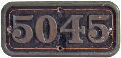 GWR brass cabside numberplate 5045 ex Collett Castle Class 4-6-0 built at Swindon in 1936 and