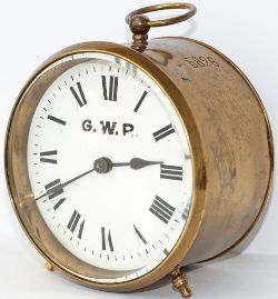 GWR brass Drum Clock with original enamel dial lettered G.W.R. and stamped 5826 on the side and back