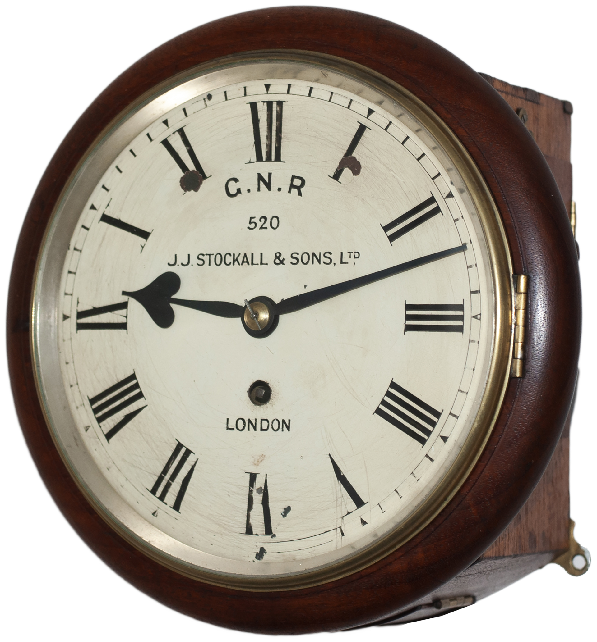 Great Northern Railway 8 inch mahogany cased fusee railway clock with a cast brass bezel and a