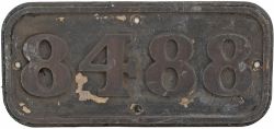 BR(W) brass cabside numberplate 8488 ex Hawksworth 0-6-0 PT built by Robert Stephenson & Hawthorn
