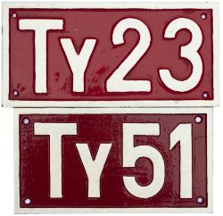 A pair of Polish Railways cabside locomotive class plates ; TY23 ex 2-10-0 built at Warsaw in 1923-