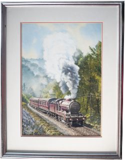 Original painting HIGHLAND RAILWAY 4-6-0 CLAN FRASER 14763 in LMS livery by George Heiron. Gouache