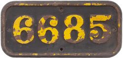 GWR brass cabside numberplate 6685 ex Collett 0-6-2 T built at Swindon in 1928. Allocated to