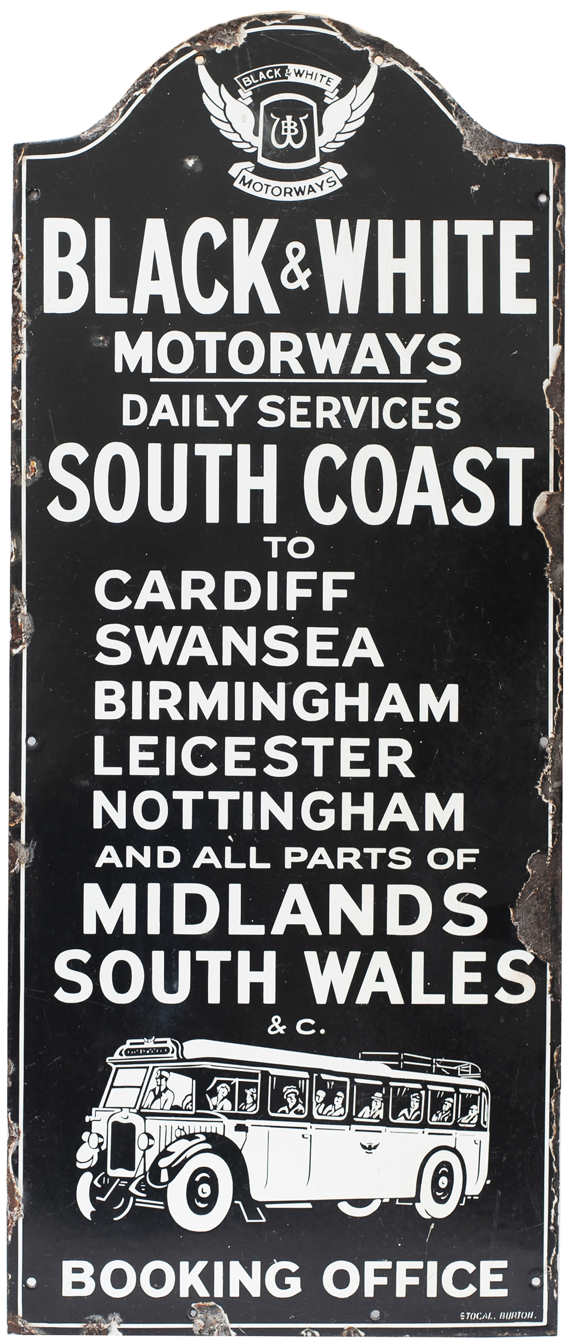 Motoring bus enamel sign BLACK & WHITE MOTORWAYS BOOKING OFFICE. DAILY SERVICES SOUTH COAST TO