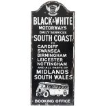 Motoring bus enamel sign BLACK & WHITE MOTORWAYS BOOKING OFFICE. DAILY SERVICES SOUTH COAST TO