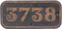 GWR cast iron cabside numberplate 3738 ex Collett 0-6-0PT built at Swindon in 1937. Allocated to