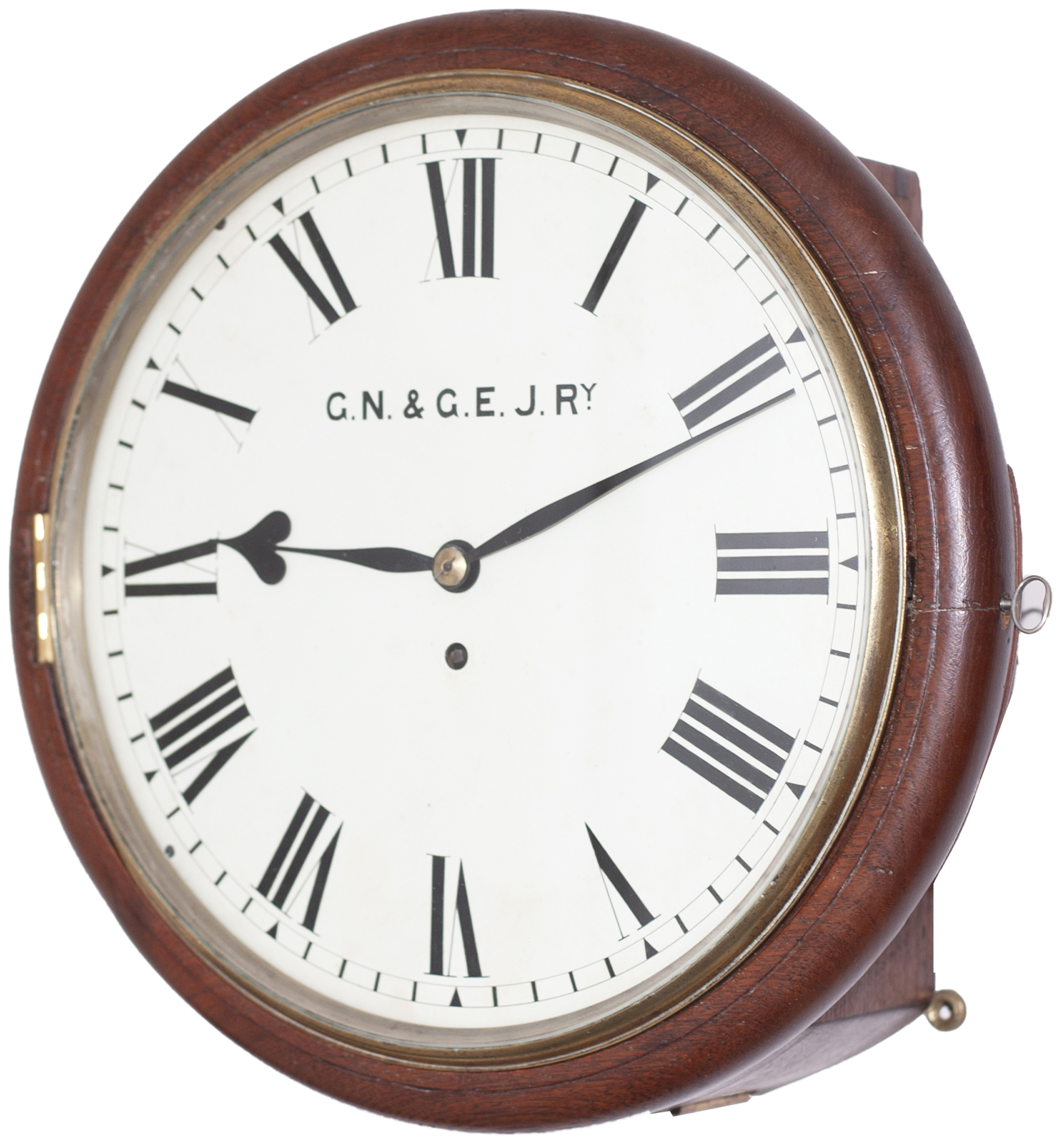 Great Northern & Great Eastern Railway 12in dial teak cased railway clock with a cast brass bezel