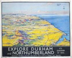 Poster LNER EXPLORE DURHAM AND NORTHUMBERLAND by Montague Black. Quad Royal 50in x 40in. In very