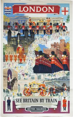 Poster BR(E) LONDON SEE BRITAIN BY TRAIN by F. Donald Blake. Double Royal 25in x 40in. In good