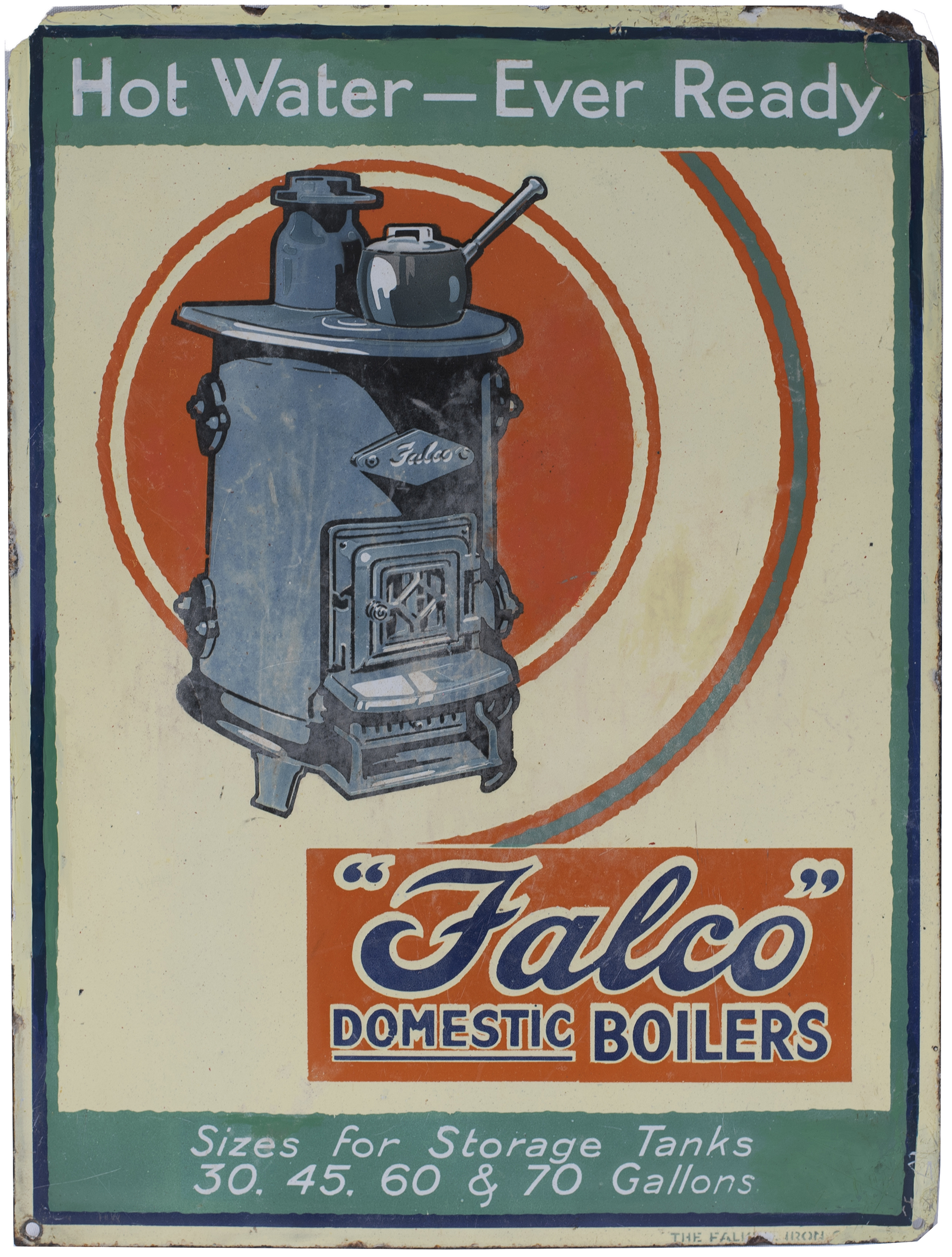 Advertising enamel sign FALCO DOMESTIC BOILERS HOT WATER - EVER READY. In very good condition with