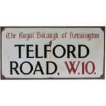 Road sign THE ROYAL BOROUGH OF KENSINGTON TELFORD ROAD W.10. Enamel with original bronze frame,