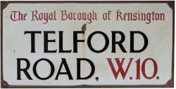 Road sign THE ROYAL BOROUGH OF KENSINGTON TELFORD ROAD W.10. Enamel with original bronze frame,